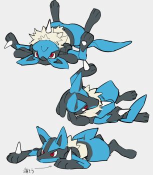 animal_ears animal_feet animal_hands black_fur blue_fur digitigrade gen_4_pokemon lucario lying multicolored_fur nintendo on_back on_stomach pokemon pokemon_(creature) pokemon_focus red_eyes rolling simple_background spikes tail white_background white_fur wintom