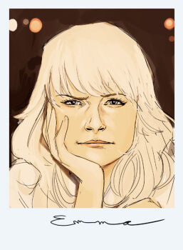 1girl blonde_hair blue_eyes blurry blurry_background character_name character_signature emma_frost expressionless faux_retro_artstyle faux_traditional_media hand_on_own_chin hand_on_own_face looking_at_viewer marvel phil_noto picture_frame portrait retro_artstyle signature solo x-men