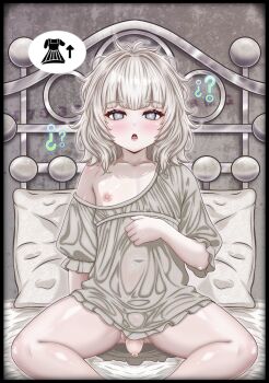 1girl bed blind book capcom doll emily_(resident_evil) female futa_loli futanari genderswap grey_hair hacker75358mg highres looking_at_viewer no_panties on_bed pale_skin resident_evil resident_evil_requiem smile testicles thighs