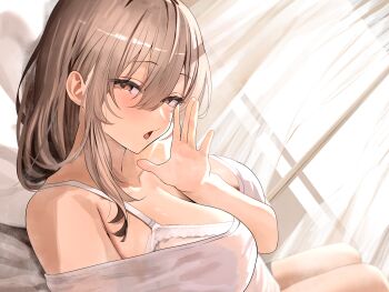 1girl absurdres bed bed_sheet blush bra bra_strap breasts brown_eyes brown_hair cleavage collarbone curtains day hair_between_eyes highres large_breasts long_hair looking_at_viewer lying on_bed open_mouth oreazu original shirt sidelocks solo underwear upper_body whispering white_bra white_shirt window