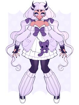 1girl absurdres bead_bracelet beads black_pantyhose blunt_bangs bow bracelet cardigan choker commentary commission dark-skinned_female dark_skin dreamalgia dress english_commentary fingerless_gloves gloves highres horns jewelry leg_warmers light-skinned_palms low_twintails original pantyhose shoes smile sneakers solo stuffed_animal stuffed_toy twintails white_dress