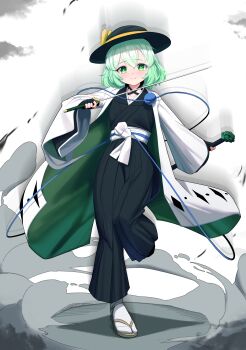 1girl absurdres alternate_costume black_gloves black_hat black_kimono bleach closed_mouth commentary_request eyeball fingerless_gloves full_body gloves green_eyes green_hair haori hat highres holding holding_sheath holding_sword holding_weapon japanese_clothes kimono komeiji_koishi leg_up long_sleeves looking_at_viewer mayou940114 sandals sheath shihakusho smile socks solo sword taichou_haori third_eye touhou weapon white_socks wide_sleeves zanpakutou