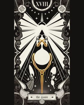 3girls absurdly_long_hair absurdres arthropod_girl artist_name black_skin card_(medium) colored_skin commentary crossed_arms english_commentary english_text full_body giant giantess grand_mother_silk_(hollow_knight) highres hollow_eyes hollow_knight hollow_knight:_silksong hornet_(hollow_knight) lace_(hollow_knight) laserlazuli long_hair mask multiple_girls pillarboxed puffy_sleeves silk solo spider_web spot_color standing tarot tarot_(medium) the_moon_(tarot) very_long_hair