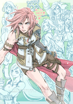 3boys 4girls 80850love_fu arm_strap bare_shoulders boots cain_highwind cape closed_mouth commentary_request dated dissidia_012_final_fantasy dissidia_final_fantasy feet_out_of_frame final_fantasy final_fantasy_iv final_fantasy_vii final_fantasy_viii final_fantasy_x final_fantasy_xi final_fantasy_xii final_fantasy_xiii fingerless_gloves gloves highres in-franchise_crossover jacket laguna_loire lightning_farron long_hair looking_at_viewer miniskirt multiple_boys multiple_girls pink_hair prishe red_cape short_hair single_bare_shoulder single_shoulder_pad skirt tank_top tifa_lockhart upper_body vaan_(ff12) white_jacket yuna_(ff10)
