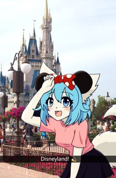 Rule 34 | 1girl, :d, animal ears, blue hair, bow, colored skin, commentary, disneyland, english commentary, hand on own head, highres, huge bow, indie virtual youtuber, leaning forward, mickey mouse ears, open mouth, pink shorts, pleated skirt, short sleeves, shorts, skirt, smile, snapchat, tail, virtual youtuber, wolf ears, wolf girl, wolf tail, wolfychu, wolfychu (artist)
