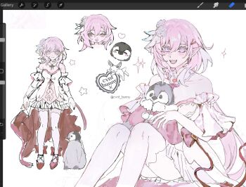 1girl animal art_program_in_frame artist_name bird breasts commentary commission ctnplant diamond-shaped_pupils diamond_(shape) dress earrings elf elysia_(hi_love_elf)_(honkai_impact) elysia_(honkai_impact) flower hair_flower hair_ornament heart heart_earrings high_heels highres holding holding_animal honkai_(series) honkai_impact_3rd jewelry large_breasts long_hair looking_at_viewer multicolored_hair multiple_views penguin pink_hair pointy_ears purple_eyes simple_background smile symbol-shaped_pupils twitter_username two-tone_hair very_long_hair white_background white_dress white_hair