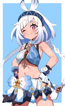 1girl ;3 bare_shoulders blue_background blue_hairband blue_pupils border braid breasts closed_mouth commentary cowboy_shot crop_top fingerless_gloves genshin_impact gloves hairband hands_on_own_hips highres long_hair looking_at_viewer medium_breasts midriff mualani_(genshin_impact) navel one_eye_closed outside_border red_eyes skirt smile solo standing twin_braids white_border white_gloves white_hair zzminguzz