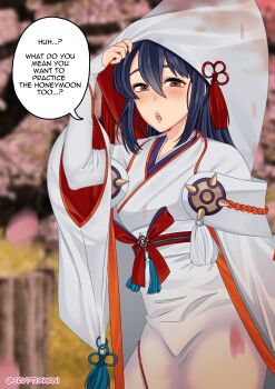 1girl absurdres blue_hair bride brown_eyes cryptid_crab dark_blue_hair english_text fire_emblem fire_emblem_fates fire_emblem_heroes hair_between_eyes highres hood hood_up hooded_kimono japanese_clothes kimono long_hair looking_at_viewer nintendo oboro_(bridal)_(fire_emblem) oboro_(fire_emblem) official_alternate_costume ponytail solo speech_bubble