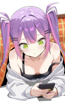 1girl absurdres barbell_piercing black_tank_top breasts cellphone center-flap_bangs cleavage double-parted_bangs ear_piercing earrings gradient_hair green_eyes green_nails grey_jacket hair_ornament hairclip highres holding holding_phone hololive industrial_piercing jacket jewelry kotatsu long_hair lying multicolored_hair nail_polish nekonosuke off_shoulder on_stomach paid_reward_available parallel_hairclips phone piercing pink_hair pink_nails pointy_ears purple_hair small_breasts smartphone solo strap_slip table tank_top tokoyami_towa twintails under_kotatsu under_table virtual_youtuber