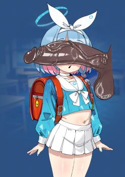 1boy 1girl absurdres arona_(blue_archive) backpack bag blue_archive blue_background blue_hair blue_shirt covered_eyes cowboy_shot dark-skinned_male dark_skin dimitri_becker erection flat_chest halo highres interracial loli long_sleeves midriff military_uniform multicolored_hair naval_uniform navel open_mouth penis penis_awe penis_on_face penis_over_eyes pink_hair pleated_skirt randoseru shirt short_hair skirt standing two-tone_hair uncensored white_skirt
