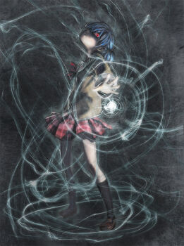 1girl blue_hair energy female_focus glowing glowing_eye hair_over_one_eye highres kath naganohara_mio nichijou outstretched_hand plaid_clothes plaid_skirt red_eyes school_uniform skirt solo tokisadame_school_uniform