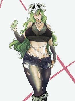 1girl arrancar bleach breasts denim denim_shorts facial_mark fishnets green_hair highres large_breasts mask nelliel_tu_odelschwanck pantyhose shorts skull skull-shaped_hat skull_mask skull_on_head solo striped_clothes torn_clothes torn_pantyhose veeepawoon