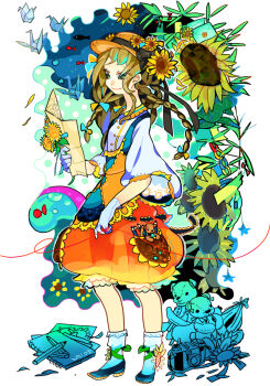 1girl bad_id bad_pixiv_id bloomers bow braid brown_hair camera dress female_focus fish flower gloves green_eyes hair_bow hat highres long_hair notebook origami original paper_crane pencil shoes smile socks solo standing string string_around_finger string_of_fate stuffed_animal stuffed_toy sunflower teddy_bear twin_braids underwear uoshiro white_gloves white_socks