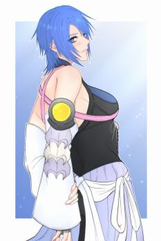 1girl aqua_(kingdom_hearts) arms_behind_back black_corset blue_eyes blue_hair commentary_request corset highres kingdom_hearts looking_at_viewer looking_back lux_spei sash white_sash
