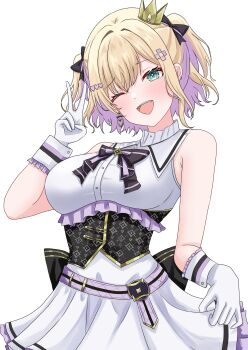 1girl absurdres akue alternate_costume armpit_crease bare_shoulders black_corset blonde_hair bow bowtie breasts colored_inner_hair commission corset crown dress earrings gloves hair_bow hair_ornament hairpin head_tilt highres idol_clothes jewelry kurumi_noah large_breasts looking_at_viewer medium_hair mini_crown multicolored_hair one_eye_closed open_mouth parted_bangs pixiv_commission simple_background sleeveless sleeveless_dress solo two_side_up upper_body v virtual_youtuber vspo! white_background white_dress white_gloves wrist_cuffs