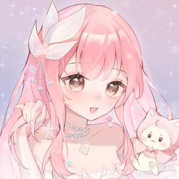 Rule 34 | 1girl, :3, ahoge, animal, bare shoulders, beads, bow, bowtie, brooch, brown eyes, cat, chinese commentary, choker, cloak, closed mouth, clothed animal, collarbone, commentary request, detached sleeves, diamond choker, dot nose, dress, ear covers, eyelashes, eyeshadow, fairytale swan (infinity nikki), feather dress, feather hair ornament, feathers, four-pointed star, grey choker, hair ornament, hand in own hair, happy, highres, holding, holding own hair, hood, hood up, hooded cloak, infinity nikki, jewel under eye, jewelry, lanlan zhi jiabing, light blush, lipstick, long hair, long sidelocks, long sleeves, looking at viewer, makeup, momo (nikki), nikki (nikki), nikki (series), official alternate costume, open mouth, pink cloak, pink dress, pink eyeshadow, pink hair, pink lips, purple background, red bow, red bowtie, see-through clothes, see-through sleeves, sidelocks, sleeves past wrists, smile, snowflakes, snowing, sparkle, star brooch, strapless, strapless dress, studded choker, teeth, upper body, upper teeth only, very long hair, whiskers, white cat, white sleeves