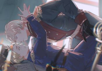 2boys ahoge america_(hetalia) armlock axis_powers_hetalia belt black_belt black_gloves blonde_hair blue_jacket blue_pants blurry blurry_background blurry_foreground blush buttons candle closed_mouth commentary_request curtains epaulettes gloves green_jacket green_pants grey_hair half-closed_eyes highres indoors jacket long_sleeves looking_at_another lying male_focus military military_jacket military_uniform multiple_boys on_back pants paper purple_eyes quill russia_(hetalia) short_hair table teeth vampiryprpr yaoi yellow_belt