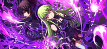 1boy 1girl arm_at_side artist_request back-to-back bare_shoulders belt black_cape black_dress black_hair black_sleeves boots breasts c.c. cape closed_mouth code_geass code_geass:_lost_stories covered_navel detached_sleeves dress dutch_angle fire game_cg green_hair half-closed_eyes hand_on_own_chest hand_up happy helmet high_collar highres holding holding_unworn_helmet lelouch_vi_britannia long_hair looking_at_viewer looking_back medium_breasts multiple_belts non-web_source official_art purple_eyes purple_fire purple_theme short_hair short_shorts shorts shorts_under_dress sidelocks sideways_mouth sleeveless sleeveless_dress smile split_mouth standing thigh_boots underlighting unworn_headwear unworn_helmet very_long_hair white_footwear white_shorts yellow_eyes
