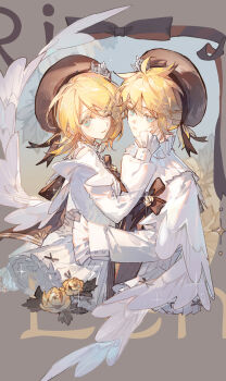 1boy 1girl aqua_eyes blonde_hair brother_and_sister brown_hat character_name commentary_request cropped_torso from_side hand_on_another's_cheek hand_on_another's_face hat highres hug interlocked_fingers kagamine_len kagamine_rin long_sleeves looking_at_viewer miku_symphony_(vocaloid) nonhaaa one_eye_closed parted_lips siblings vocaloid waist_hug