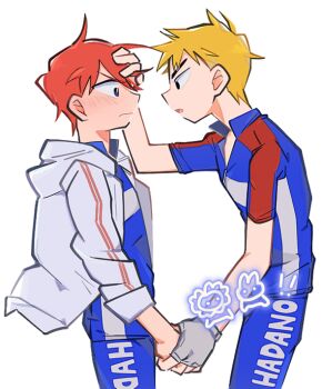 2boys :o aged_down bike_jersey bike_shorts black_eyes blonde_hair blue_eyes blush choppy_bangs closed_mouth commentary_request commission cowboy_shot cycling_uniform doodle_inset eye_contact face-to-face fingerless_gloves floating_clothes flustered from_side frown fukutomi_juichi gloves hand_on_another's_forehead holding_hands hood hood_down jacket korean_commentary lion looking_at_another male_focus mismatched_eyebrows multiple_boys o_omome open_clothes open_jacket open_mouth orange_hair parted_hair profile rabbit shinkai_hayato short_hair short_sleeves simple_background sleeves_rolled_up slouching spiked_hair sportswear thick_eyebrows tsurime unzipped v-shaped_eyebrows very_short_hair white_background white_gloves white_jacket wide-eyed yaoi yowamushi_pedal zipper_pull_tab