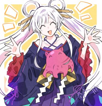 1girl :d ^_^ absurdres bare_shoulders blue_kimono border cho_kaguya-hime! closed_eyes commentary cowboy_shot facing_viewer hair_ornament hair_rings hair_stick hands_up highres isumi japanese_clothes kimono long_hair long_sleeves octopus open_hands open_mouth outside_border runami_yachiyo signature smile solo symbol-only_commentary twintails white_border white_hair wide_sleeves yellow_background