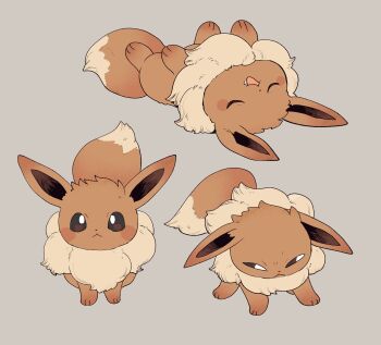 :< :d animal_focus bright_pupils brown_eyes brown_fur closed_eyes closed_mouth eevee fluffy full_body gen_1_pokemon grey_background highres looking_at_viewer lying multiple_views newo_(shinra-p) nintendo no_humans on_back open_mouth pokemon pokemon_(creature) simple_background sleeping smile solo standing white_pupils yellow_fur