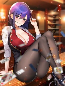 1girl black_shoes blurry blurry_background breasts card character_request cleavage collared_shirt commentary copyright_request floating_card hair_between_eyes high_heels momera pantyhose playing_card purple_hair red_eyes shadow shirt shoes short_hair solo white_shirt