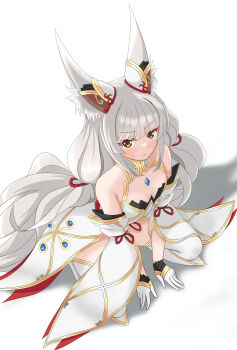 1girl absurdres all_fours animal_ears bare_shoulders blush brown_hair cat_ears cat_girl chest_jewel dress flat_chest full_body highres kobaaaan long_hair nia_(blade)_(xenoblade) nia_(xenoblade) simple_background solo strapless strapless_dress very_long_hair white_background white_dress xenoblade_chronicles_(series) xenoblade_chronicles_2