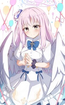 1girl angel_wings aqua_hair blue_archive blue_bow blush bow buttons capelet closed_mouth double-breasted dress feathered_wings flower gold_trim gradient_hair hair_flower hair_ornament halo hanehituzi4410 highres long_hair looking_at_viewer low_wings mika_(blue_archive) multicolored_hair pink_hair pink_halo scrunchie smile solo very_long_hair white_capelet white_dress white_overskirt white_wings wing_ornament wings wrist_scrunchie