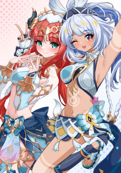 2girls absurdres aichinaigai aqua_nails aqua_trim arm_up armpits blue_skirt blush breasts closed_mouth crop_top dark_skin fake_horns fingernails fish-shaped_pupils genshin_impact green_eyes grey_hair harem_outfit highres horns long_hair looking_at_viewer medium_breasts mualani_(genshin_impact) multiple_girls navel nilou_(genshin_impact) open_mouth orange_eyes red_hair skirt smile stomach tan v veil white_veil