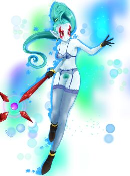 Rule 34 | 1girl, absurdres, blue hair, blue pubic hair, blue skin, blush, bra, breasts, colored pubic hair, colored skin, demon girl, dragon ball, dragon ball heroes, earrings, flatpancakesjim, garter belt, garter straps, gloves, grin, hairy, highres, jewelry, lingerie, long hair, markings, medium breasts, pointy ears, ponytail, potara earrings, pubic hair, putine (dragon ball), red eyes, simple background, smile, staff, underwear