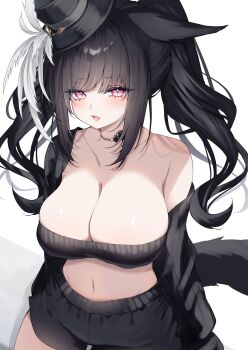 1girl animal_ears black_hair black_hat black_shorts black_tube_top breasts cat_ears cat_girl cat_tail cleavage commentary hat hat_feather highres jewelry large_breasts looking_at_viewer midriff navel necklace original pink_eyes sana_(sanamaru_0w0) shorts simple_background solo strapless symbol-only_commentary tail top_hat tube_top twintails white_background