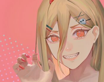 1girl absurdres asaki_illust blonde_hair chainsaw_man cross-shaped_pupils demon_girl demon_horns hair_between_eyes hair_ornament hairclip highres horns long_hair looking_at_viewer orange_eyes power_(chainsaw_man) red_horns red_nails sharp_teeth skull_hair_ornament solo symbol-shaped_pupils teeth x_hair_ornament