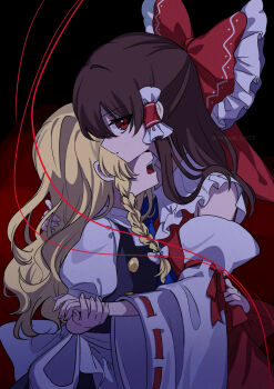 2girls ascot back_bow blonde_hair blue_ascot bow braid brown_hair commentary_request detached_sleeves frilled_bow frilled_hair_tubes frills hair_bow hair_tubes hakurei_reimu highres hug kirisame_marisa long_hair multiple_girls no_headwear open_mouth puffy_short_sleeves puffy_sleeves red_bow red_eyes red_skirt ribbon-trimmed_sleeves ribbon_trim short_sleeves side_braid single_braid skirt skirt_set teeth touhou twitter_username upper_teeth_only very_long_hair white_bow yomogi_9392 yuri