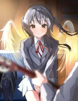 2girls bag black_hair black_jacket blazer blue_skirt blush brown_eyes buttons collared_shirt commentary_request drawn_wings electric_guitar guitar happy highres hirasawa_yui holding holding_guitar holding_instrument instrument jacket k-on! long_hair long_sleeves looking_at_viewer morosan!! multiple_girls nakano_azusa neck_ribbon own_hands_together pleated_skirt red_ribbon ribbon sakuragaoka_high_school_uniform school_bag school_uniform serafuku shirt sitting skirt smile twintails white_shirt wings