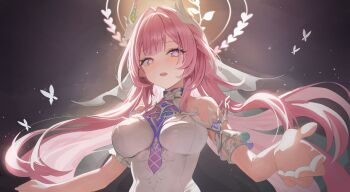 1girl absurdres anzu_(user_synd2453) bare_shoulders breasts bridal_veil bug butterfly commentary cyrene_(demiurge)_(honkai:_star_rail) cyrene_(honkai:_star_rail) diamond-shaped_pupils diamond_(shape) dress flower grey_sky hair_flower hair_intakes hair_ornament halo highres honkai:_star_rail honkai_(series) insect large_breasts long_hair looking_at_viewer parted_lips pink_hair purple_eyes sky solo symbol-shaped_pupils veil very_long_hair white_dress