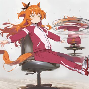 1girl animal_ears bow chair closed_mouth commentary_request ear_ribbon horse_ears horse_girl horse_tail jacket long_hair long_sleeves mayano_top_gun_(umamusume) mou_sou_s multiple_views office_chair on_chair orange_eyes orange_hair orange_tail pants pout red_track_suit spinning swivel_chair tail track_jacket track_pants track_suit two_side_up umamusume
