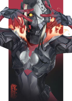 1girl absurdres armor arms_up commentary daichim_lem fire highres long_hair mask one_eye_covered original pillarboxed solo yellow_eyes