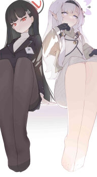 2girls absurdres barefoot black_gloves black_hair black_pantyhose blue_archive feet flat_chest gloves halo highres himari_(blue_archive) long_hair looking_at_viewer multiple_girls pantyhose pointy_ears red_eyes rio_(blue_archive) sam_szero sitting white_eyes white_hair