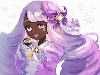 Rule 34 | 1girl, ank836, bow, bug, butterfly, commentary request, dark-skinned female, dark skin, dress, fascinator, frills, glove bow, gloves, gold ring, highres, holding, holding poke ball, insect, jacinthe (pokemon), juliet sleeves, long hair, long sleeves, looking at viewer, low drills, luxury ball, mega stone, nintendo, open mouth, poke ball, pokemon, pokemon legends: z-a, puffy sleeves, purple dress, purple eyes, purple hair, smile, solo, upper body, very dark skin, white gloves