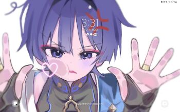 1boy against_fourth_wall anger_vein battery_indicator black_bodysuit black_bridal_gauntlets bluetooth_symbol blunt_ends bodysuit bridal_gauntlets cheek_press ckiows eyeliner eyeshadow fake_phone_screenshot fake_screenshot fourth_wall genshin_impact gold_ring highres japanese_clothes kimono looking_at_viewer lower_eyelashes_only makeup male_focus mandarin_collar middle_ring mute_speaker_sign notification open_hands open_mouth percentage portrait purple_eyes purple_hair red_eyeliner red_eyeshadow scaramouche_(genshin_impact) shoulder_peek solo timestamp translation_request uneven_eyes v-shaped_eyebrows wanderer_(genshin_impact) white_background white_kimono wi-fi_symbol