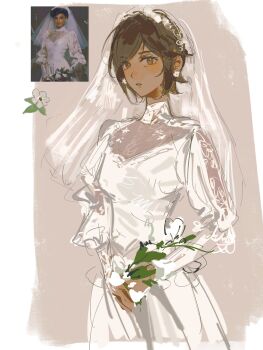 1girl bridal_veil bride commentary cowboy_shot dark-skinned_female dark_skin dress earrings flower flower_earrings highres holding holding_flower jewelry lace lace_sleeves limbus_company long_sleeves looking_at_viewer outis_(project_moon) project_moon puffy_long_sleeves puffy_sleeves solo strawbutann symbol-only_commentary veil wedding_dress white_dress white_flower white_veil