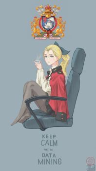 1girl absurdres assam_(girls_und_panzer) black_skirt blonde_hair blue_eyes chair cup emblem english_text female_focus forehead from_side girls_und_panzer grey_background grey_ribbon hair_ribbon hair_rings highres jacket jacket_on_shoulders keep_calm_and_carry_on legs long_hair looking_at_viewer no_shoes office_chair pantyhose ponytail ribbon skirt solo st._gloriana&#039;s_(emblem) st._gloriana&#039;s_military_uniform steam swivel_chair teacup useless_(gss44344)