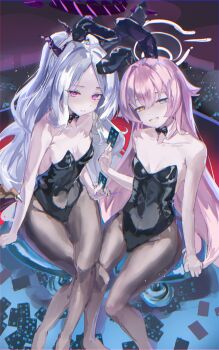 2girls absurdres animal_ears blue_archive blue_eyes blush breasts card_(medium) demon_girl demon_horns demon_wings halo heterochromia highres hina_(blue_archive) horns hoshino_(blue_archive) lazyramen looking_at_viewer low_wings multiple_girls pink_hair pink_halo playboy_bunny purple_eyes rabbit_ears sitting small_breasts thighs wings