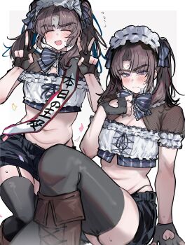 1boy absurdres ayase_ayato_(imamiya_pinoko) bad_source black_hair brown_hair closed_eyes crop_top crossdressing crossdressing_(mtf) double_v fingerless_gloves garter_straps gloves highleg highleg_panties highres imamiya_pinoko long_hair original panties parted_bangs purple_eyes sash short_shorts shorts simple_background stomach thick_eyebrows thighhighs translated trap twintails underwear v