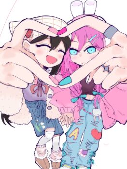 2girls absurdres animal_ear_headphones animal_ears aubrey_(birthday)_(omori) aubrey_(faraway)_(omori) aubrey_(omori) blue_eyes blue_nails blue_shorts blush braid cardigan closed_mouth collared_shirt double-parted_bangs double_finger_heart fake_animal_ears finger_heart forest_bunny_(omori) hair_between_eyes headphones headscarf highres holding_hands jacket long_sleeves low_twin_braids mari_(birthday)_(omori) mari_(faraway)_(omori) mari_(omori) mrks_bomber_o multicolored_nails multiple_girls official_alternate_costume official_alternate_hairstyle omori open_cardigan open_clothes open_jacket open_mouth pink_cardigan pink_nails purple_shirt rabbit_ear_headphones rabbit_ears shirt shorts skirt smile thighhighs twin_braids white_background white_headscarf white_jacket white_thighhighs