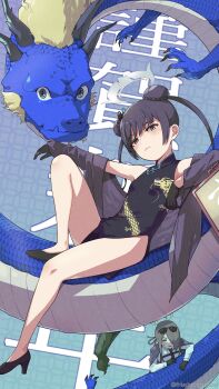 absurdres black_dress black_gloves black_hair blue_archive blue_eyes blue_scales breasts butterfly_hair_ornament china_dress chinese_clothes closed_mouth commentary_request double_bun dragon dragon_print dress eastern_dragon fcgc_(friedalwaysgood) gloves hair_bun hair_ornament highres jacket kisaki_(blue_archive) knee_up looking_at_viewer mina_(blue_archive) pelvic_curtain short_dress side_slit sitting sleeveless sleeveless_dress small_breasts striped_clothes striped_jacket twintails