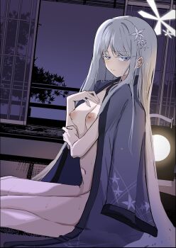 1girl blue_archive blue_haori bone_hiko breasts closed_mouth colored_eyelashes grey_eyes grey_hair hair_ornament halo haori haori_on_shoulders highres japanese_clothes long_hair long_sleeves looking_at_viewer medium_breasts nagusa_(blue_archive) nude on_floor sitting snowflake_hair_ornament snowflake_halo solo wariza wet white_eyelashes white_eyes white_hair white_halo