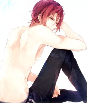 1boy back black_pants closed_mouth commentary_request free! from_behind highres looking_at_viewer low_ponytail male_focus male_underwear male_underwear_peek matsuoka_rin mukkun pants ponytail red_hair short_hair short_ponytail smile solo topless_male underwear wet