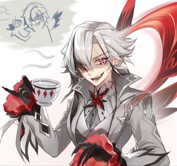 1girl arlecchino_(genshin_impact) black_eyes black_hair black_hands colored_extremities cup evil_smile fang fingernails frilled_cuffs genshin_impact glint grey_hair hair_over_one_eye highres holding holding_cup jacket looking_at_viewer multicolored_hair open_mouth pinky_out red_nails sharp_fingernails smile solo streaked_hair symbol-shaped_pupils teacup upper_body viviwi white_jacket x-shaped_pupils